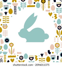 Silhouette of a rabbit in a round frame of flowers. Trendy design. Vector illustration for Easter