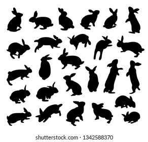 Silhouette rabbit set. Animal flat icon. Vector illustration isolated on white background.