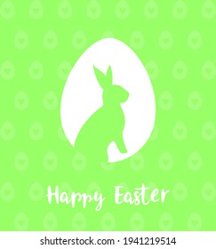 Silhouette of a rabbit in a white Easter egg on a light green patterned background. Easter greeting card