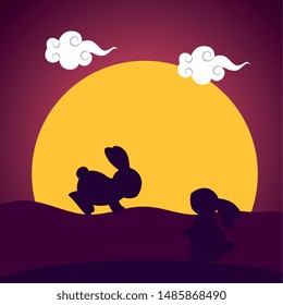silhouette of rabbits couple in the sunset camp
