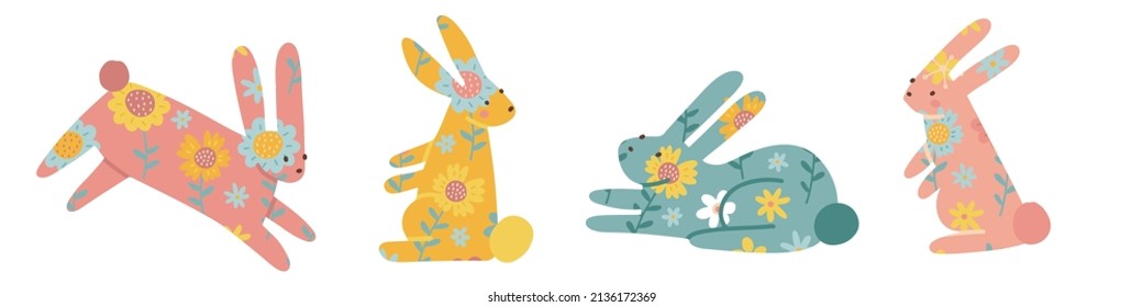 Silhouette of rabbits sitting and lying down. Ester bunnies with flok flower decor. Easter spring illustration in a flat hand drawn trendy style.