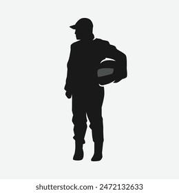 silhouette of a racer wearing a hat standing while holding a helmet. isolated in white background. vector illustration