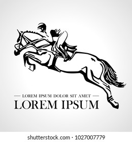 Silhouette of racing horse with jockey. Logo. Design icons. Equestrian sport. Jockey riding jumping horse. Poster. Sport. Vector Illustration.