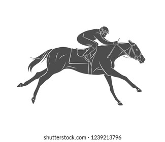 Silhouette racing horse with jockey on a white background. Equestrian sport. Vector illustration