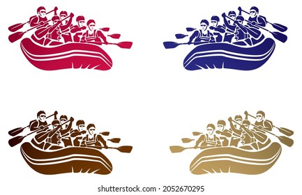 Silhouette Of Rafting Team On River Vector Illustration. Rafting Logo Template. Raft Boat Isolated On A White Background
