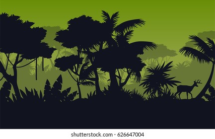 Silhouette of rain forest with deer scenery