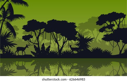 Silhouette rain forest with lake scenery