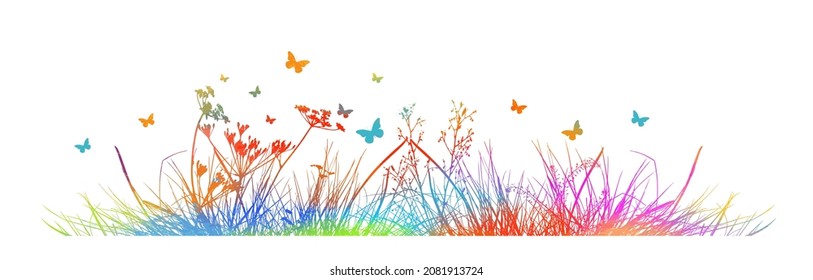 Silhouette of Rainbow grass. Flowers and butterflies on a multi-colored meadow. Vector illustration