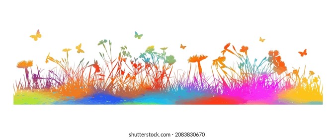 Silhouette of Rainbow grass. Flowers and butterflies on a multi-colored meadow. Vector illustration