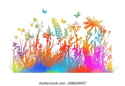 Silhouette of Rainbow grass. Multicolored flowers and butterflies. Vector illustration