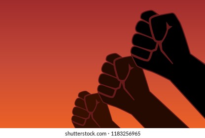 Silhouette Raised fist hand protest in flat icon design on red color background