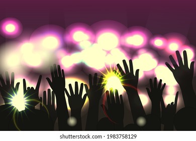 The silhouette of raised hands on the background of a music show with neon light.