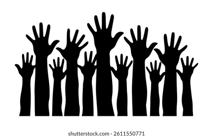 Silhouette of Raised Hands Reaching Up – Unity, Volunteering, and Social Support Concept Vector Illustration