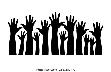 Silhouette of Raised Hands Reaching Up – Unity, Volunteering, and Social Support Concept Vector Illustration