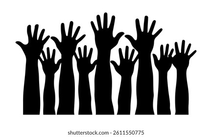 Silhouette of Raised Hands Reaching Up – Unity, Volunteering, and Social Support Concept Vector Illustration