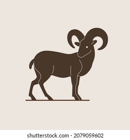 Silhouette of ram. Detailed drawing of animal.  Simple contour vector illustration for emblem, badge, insignia.