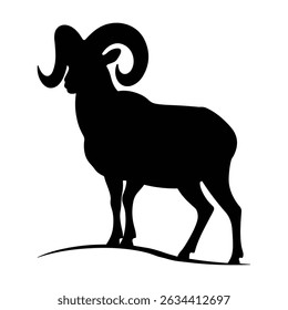 Silhouette of a ram with large curved horns standing on a small patch of ground in solid black color