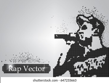 Silhouette of a rap singer from halftone particles. The rap singer in a cap sings into a microphone and the particles scatter in different directions - vector illustration.