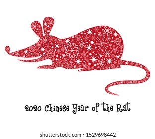 The silhouette of rat or mouse with snowflakes. Symbol of 2020 Chinese Year. Vector illustration.