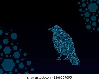 silhouette of a raven bird in blue, made from low poly hexagons with a hologram glitch effect