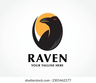 silhouette raven bird at circle emblem moon background logo design template illustration inspiration