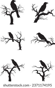 Silhouette of a Raven Bird Sitting at Bare Tree Branches Entrance: Spooky Halloween Night Vector Design Set with a Raven Dead Tree