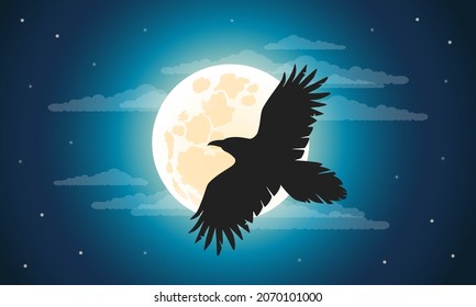 The silhouette of a raven flying in the night sky with a full moon. Hand drawn vector illustration. Best for publishing, posters, prints and web design.