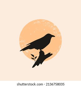 Silhouette of raven with sunset. vector illustration. Scandinavian minimalist poster design