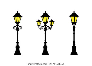 Silhouette of realistic and old style street lamps collection vector icon set isolated on white background. Black vintage street lamp post logo art work.