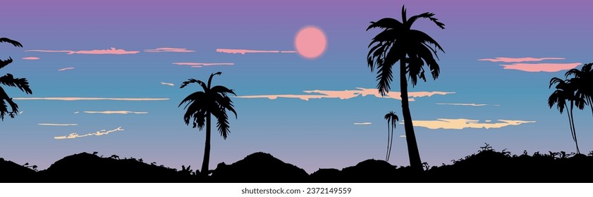 Silhouette of a realistic tropical landscape. Panorama: sunset landscape in the tropics. Vector illustration 2023