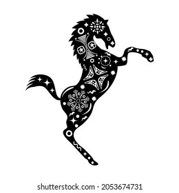 Silhouette of a rearing horse. Black silhouette with white ethnic patterns. Hooves, tail, mane are visible. Flat illustration on a white background.