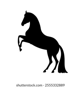 Silhouette of a rearing horse with a flowing mane and tail, depicted in a black design on a white background