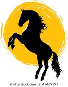 Silhouette of a Rearing Majestic Black Horse in Front of a Bold Yellow Circular Background, Symbolizing Power, Freedom, and Artistic Elegance.