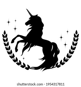 Silhouette of a rearing unicorn with branches and stars. Black silhouette on a white background. Element for creating design and decor. Vector illustration.