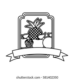 silhouette rectangle decorative heraldic frame with still life fruits vector illustration