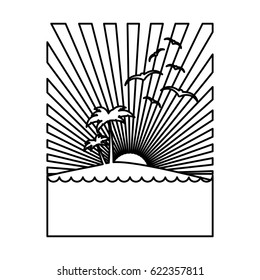 silhouette rectangular background sunset in the ocean with island and palms vector illustration