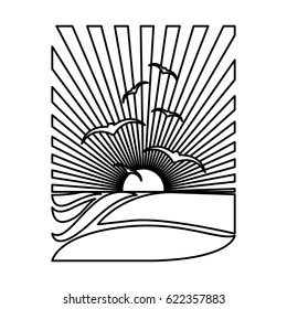 silhouette rectangular background sunset in the ocean with gulls vector illustration
