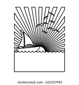 silhouette rectangular background sunset in the ocean with boat over waves vector illustration