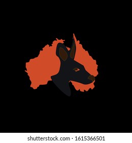Silhouette of a red Australia and a black outline kangaroo on a black background