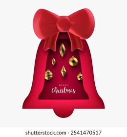 Silhouette red bell with golden toys. Christmas or new year festive composition in 3d realistic style. Cartoon modern illustration.