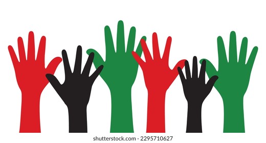 Silhouette of red, black and green colored hands as the colors of the Pan-African flag. Flat vector illustration. For Juneteenth and Black History Month.