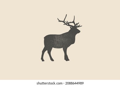 Silhouette of a red deer is drawn with a stamp effect. Wild animal. Vintage emblem. Design element for shop, market, packaging, labels, and logo. Vector illustration.