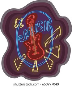 Silhouette of red guitar and blue lettering music with yellow notes / play evening melodies