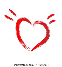 Silhouette of a red heart, rough brush strokes. A single isolated element. Abstract image.