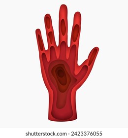 Silhouette red open human hand with five fingers in creative 3d layer style. Modern minimal concept art. Vector illustration.