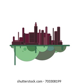 Silhouette of red themed futuristic city with green forest on flying island. Modern town illustration.