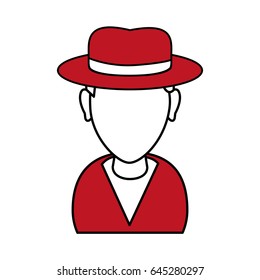 silhouette in red and white of cartoon half body man with hat and faceless