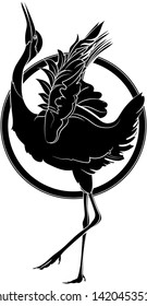Silhouette of a Red-crowned crane on background with circle. Vector