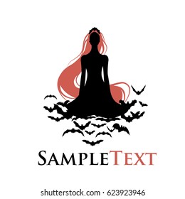 Silhouette of redhead vamp on a cloud of bats