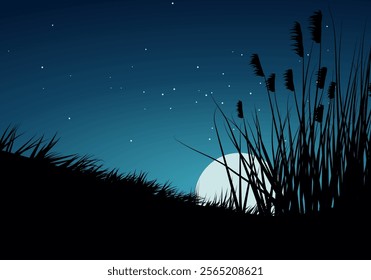 Silhouette of reeds against the night sky with full moon and stars. Grass in the moonlight.